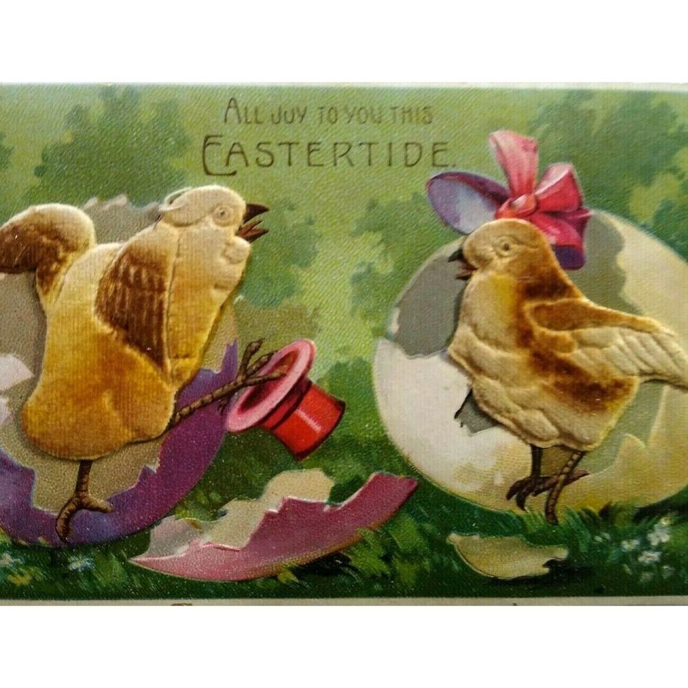 Easter Postcard 3-D Raised Image Fabric Fantasy Chicks On With Top Hat Germany